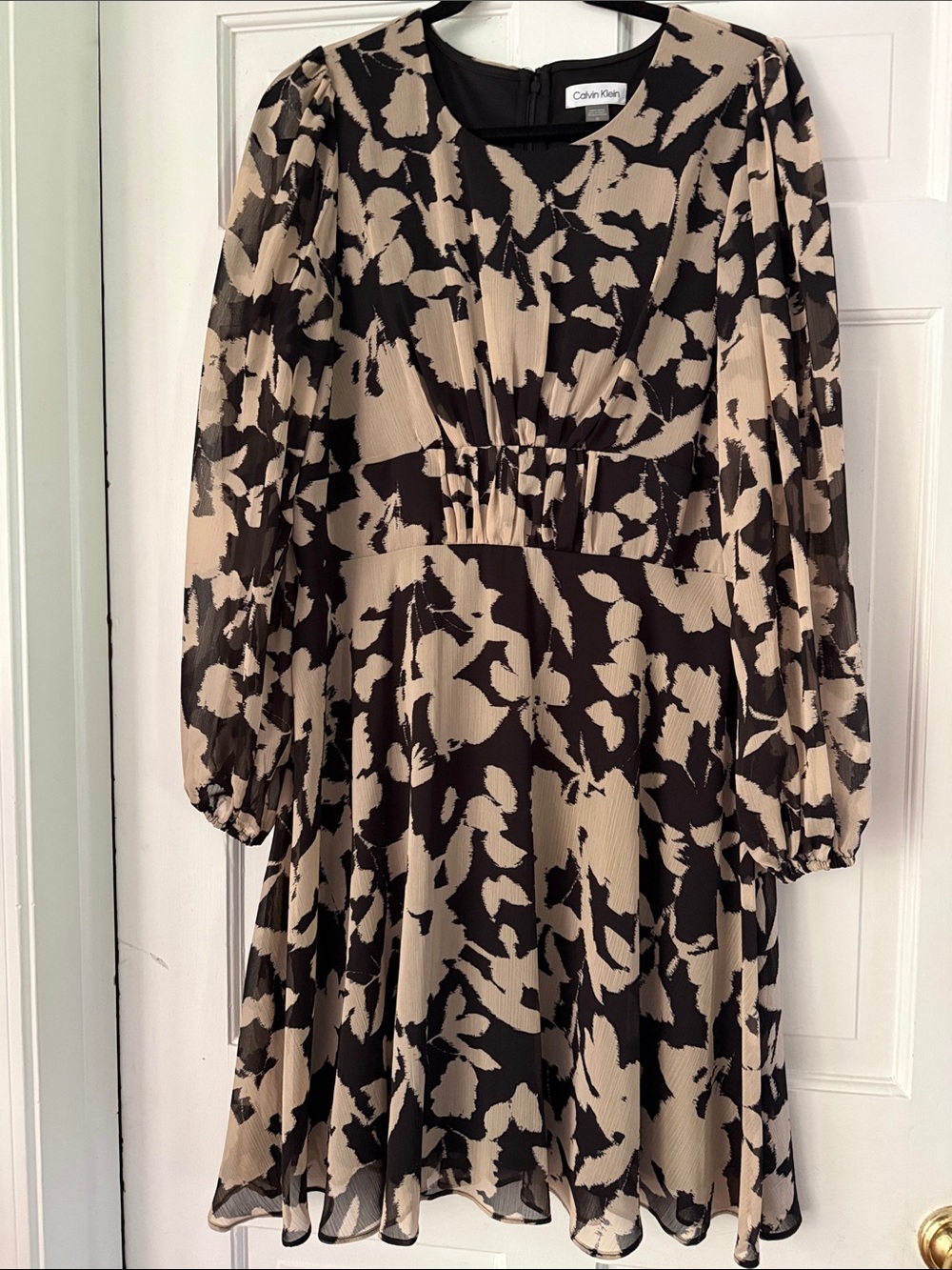 Calvin Klein Beige and Black Abstract-Print Long Sleeve Dress